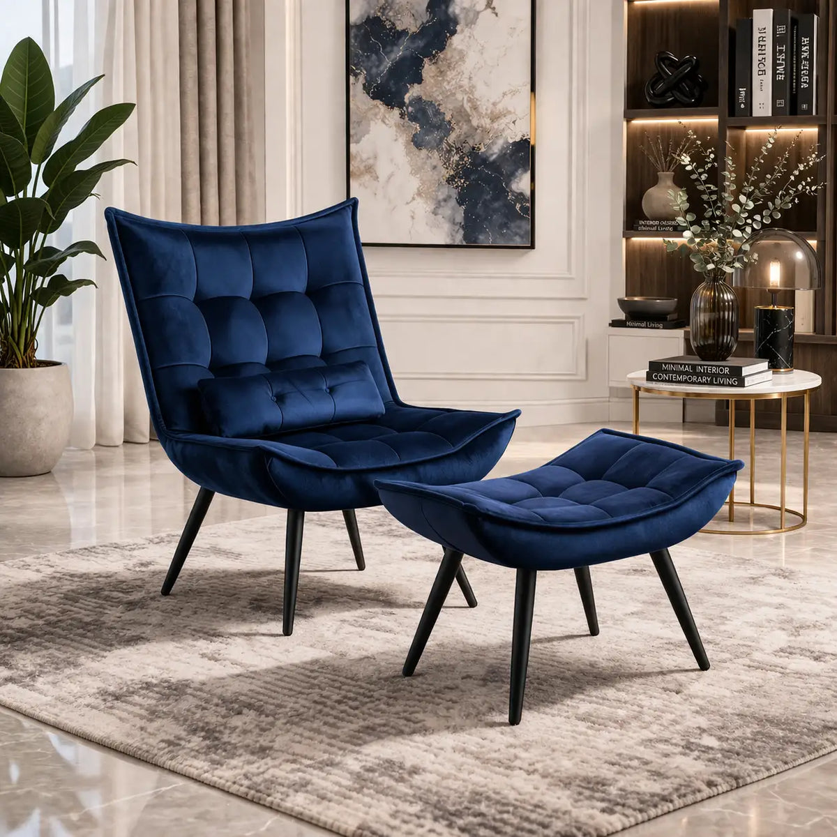 Navy Blue Plush Velvet Accent Chair With Footrest & Cushion