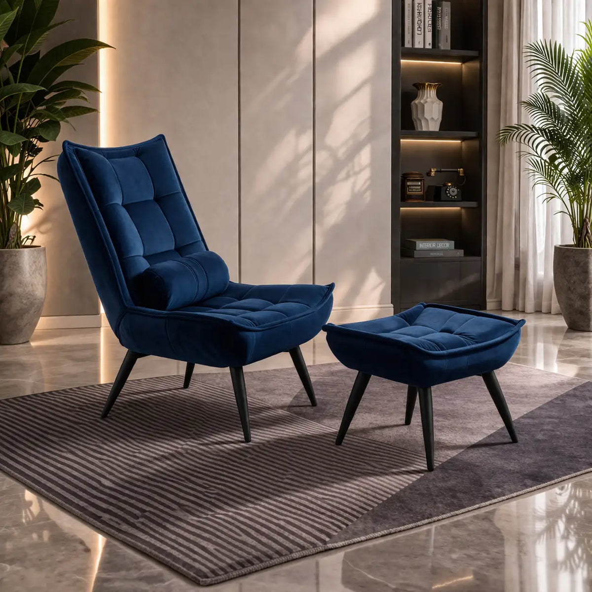 Navy Blue Plush Velvet Accent Chair With Footrest & Cushion