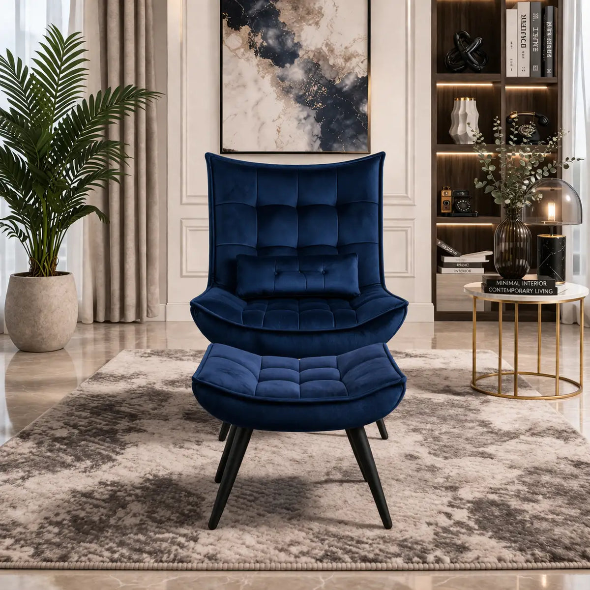Navy Blue Plush Velvet Accent Chair With Footrest & Cushion