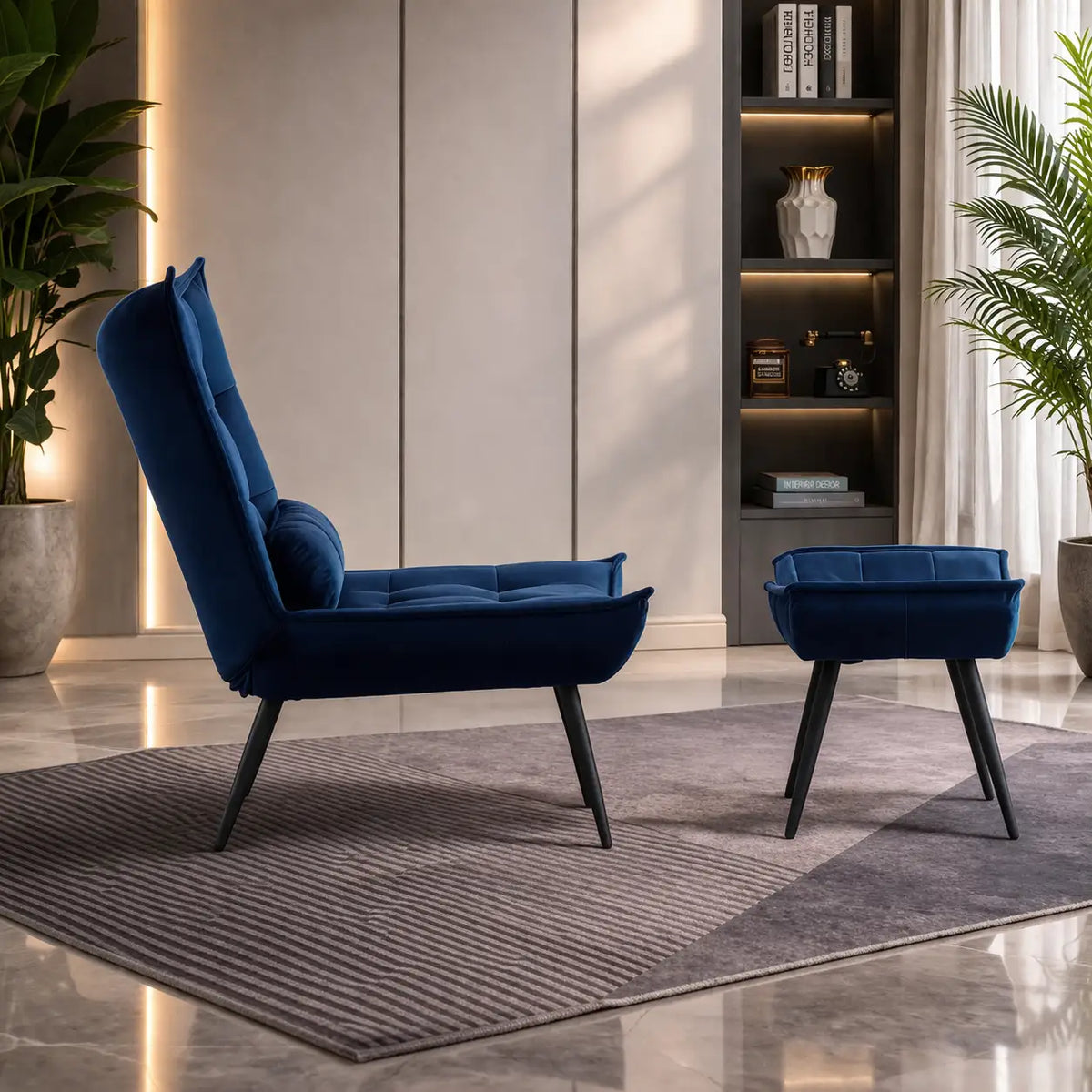 Navy Blue Plush Velvet Accent Chair With Footrest & Cushion