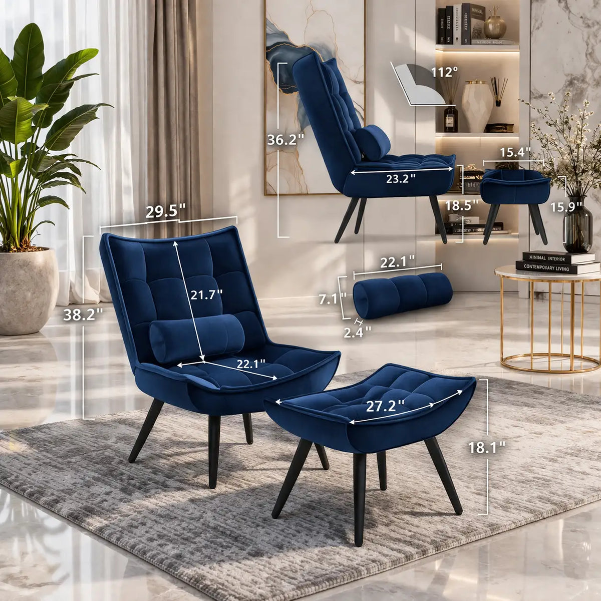 Navy Blue Plush Velvet Accent Chair With Footrest & Cushion