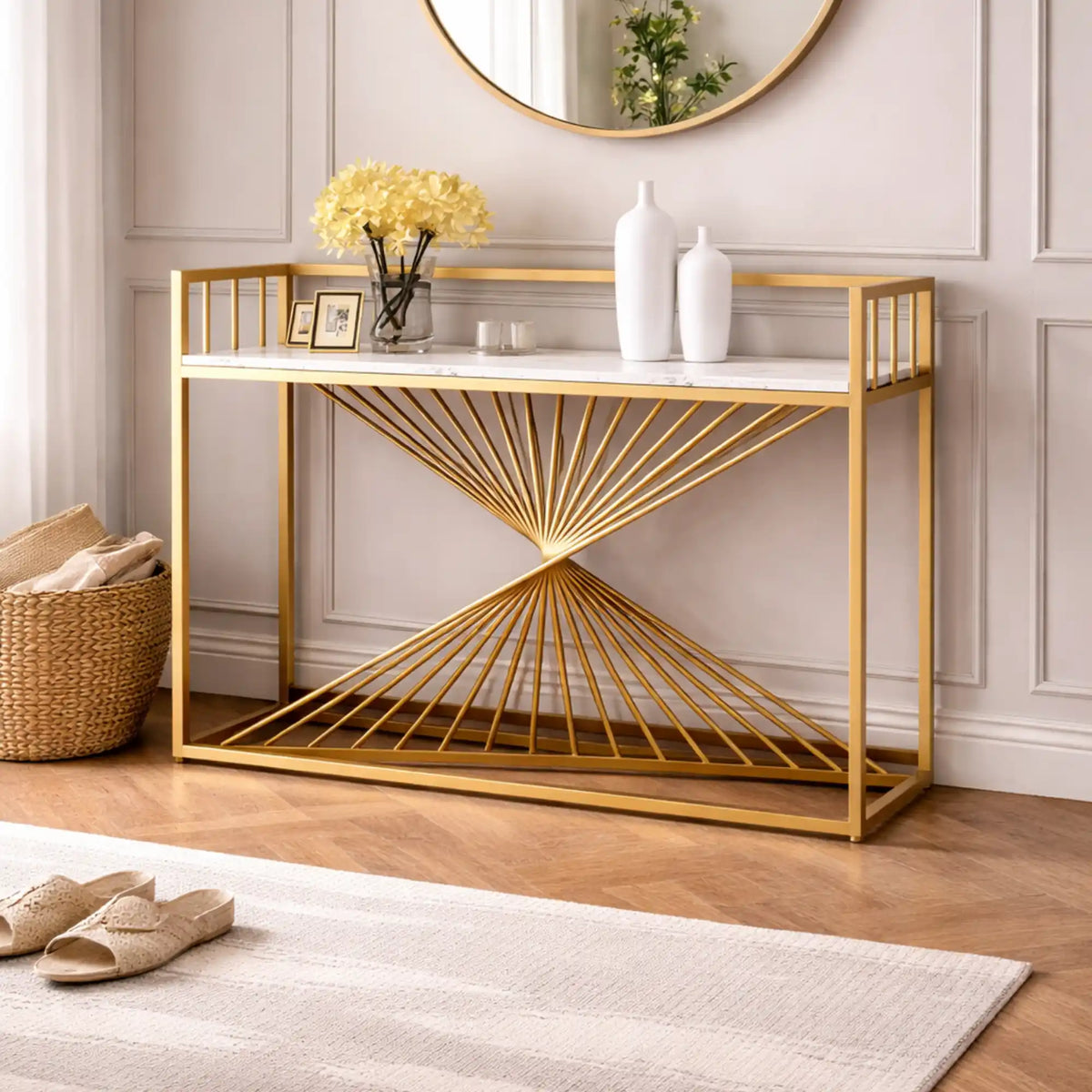 Nordic Premium Golden Artistic Metal Finish Console Table