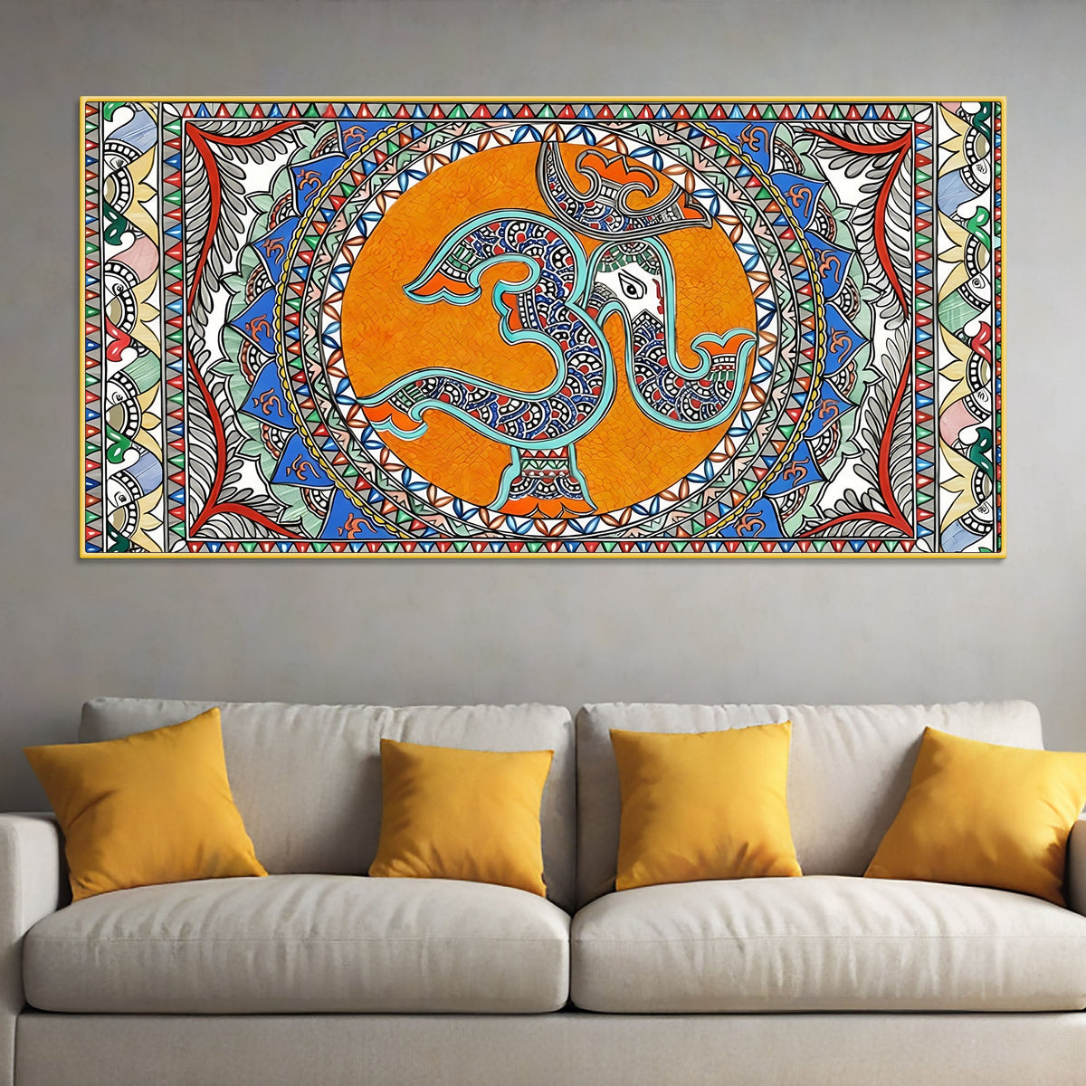 Om Ganesha Madhubani Style Canvas Wall Painting for Spiritual Indian Home Decor
