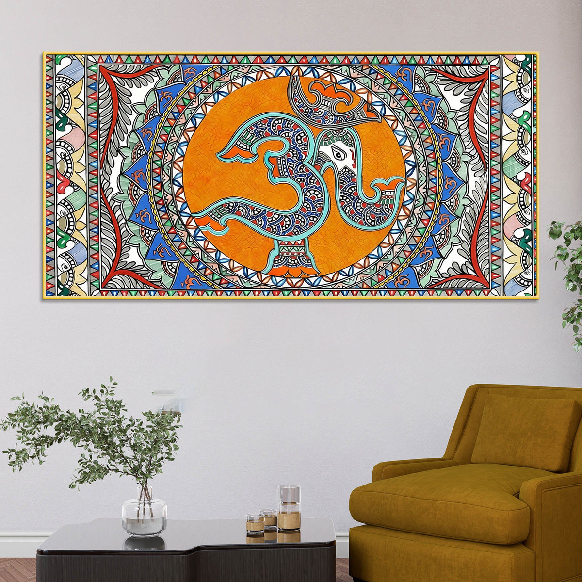 Om Ganesha Madhubani Style Canvas Wall Painting for Spiritual Indian Home Decor
