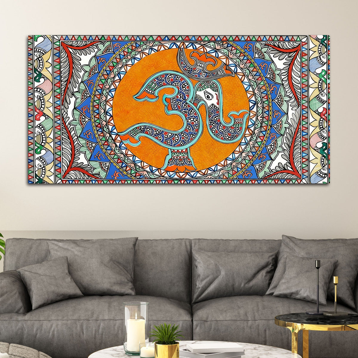Om Ganesha Madhubani Style Canvas Wall Painting for Spiritual Indian Home Decor