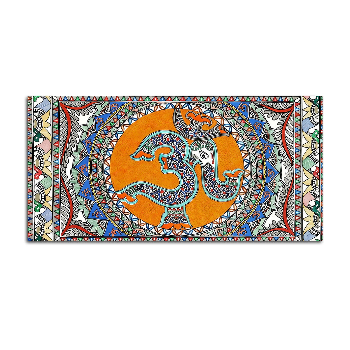 Om Ganesha Madhubani Style Canvas Wall Painting for Spiritual Indian Home Decor