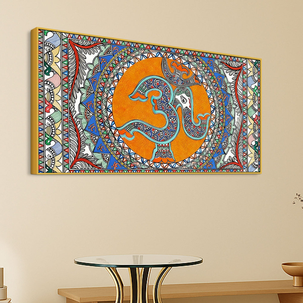 Om Ganesha Madhubani Style Canvas Wall Painting for Spiritual Indian Home Decor