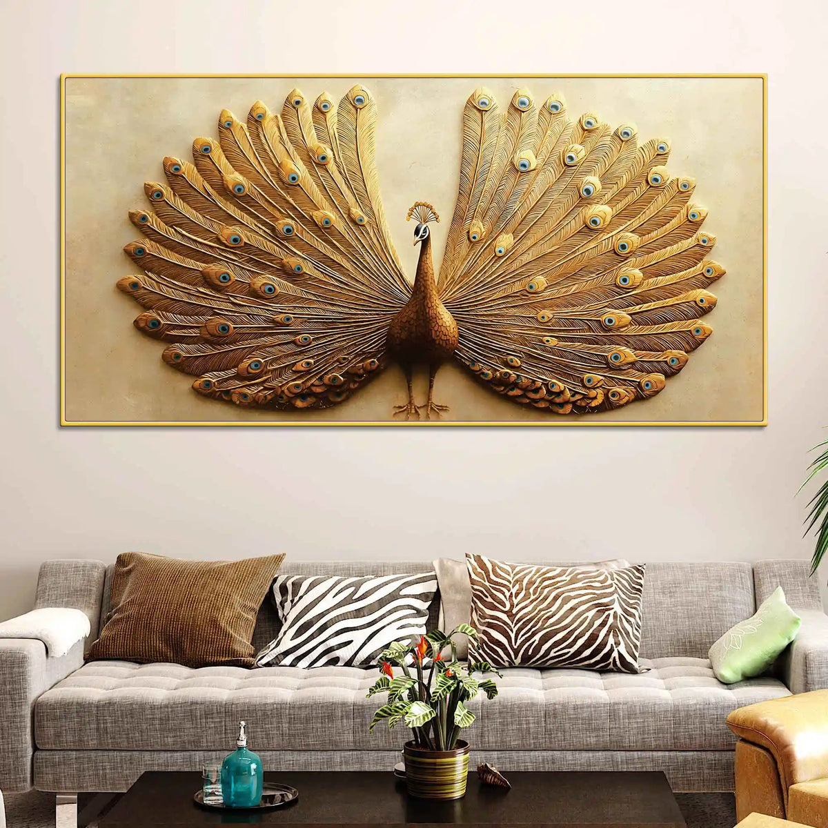 Opulent Golden Peacock with Open Feathers Canvas Wall Painting