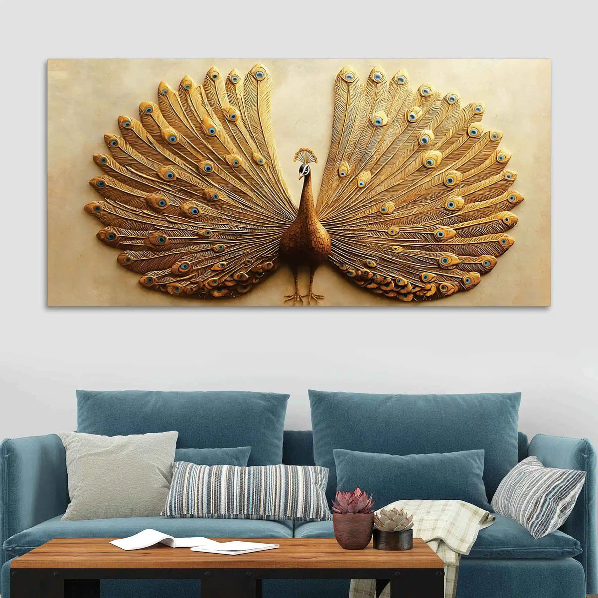 Opulent Golden Peacock with Open Feathers Canvas Wall Painting
