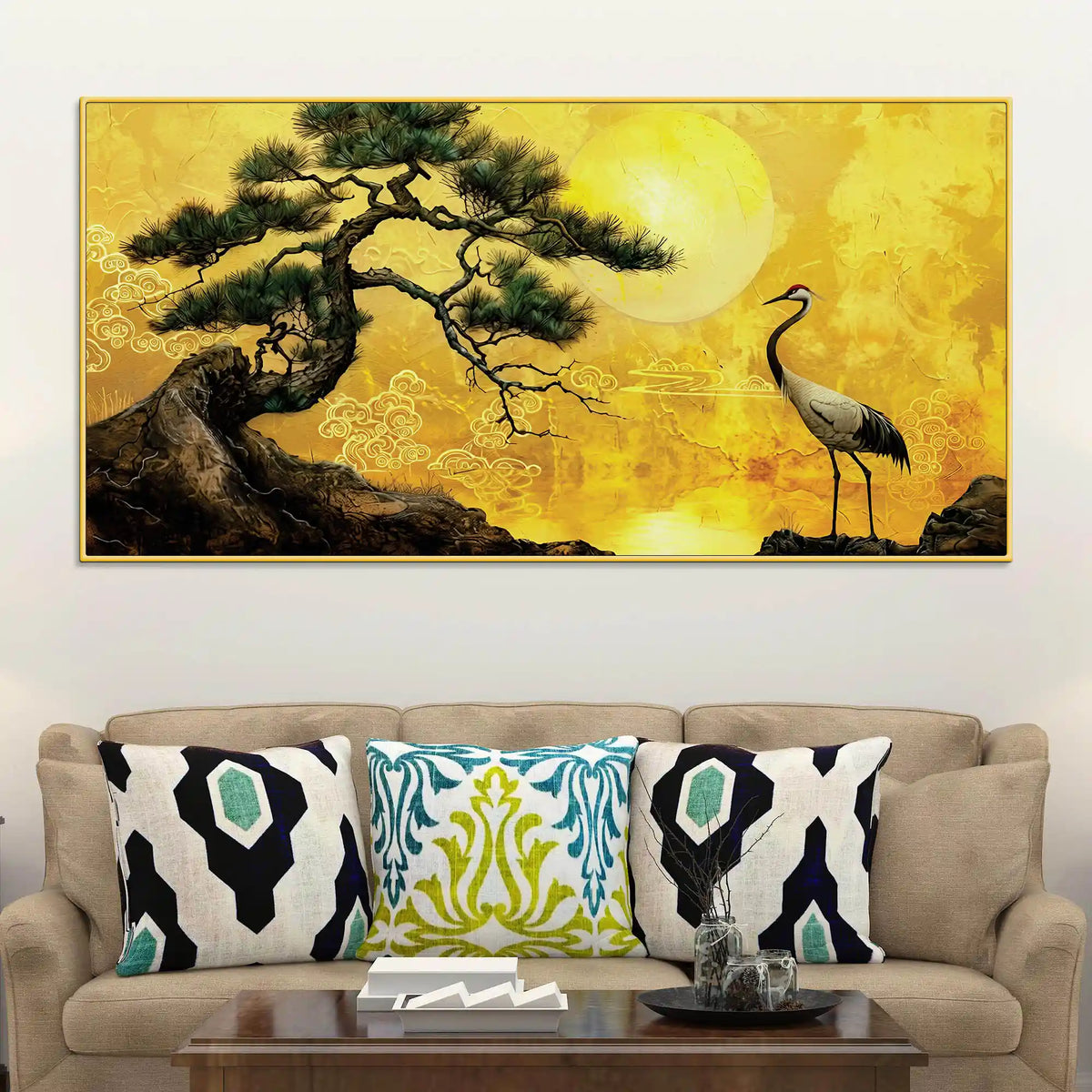Oriental Sunrise Crane and Pine Tree Canvas Wall Painting for Home & Office