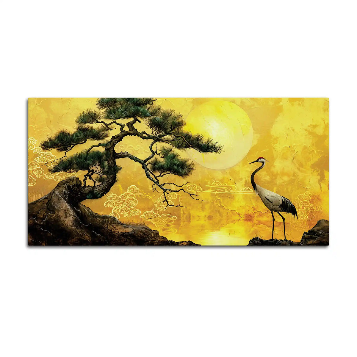 Oriental Sunrise Crane and Pine Tree Canvas Wall Painting for Home & Office