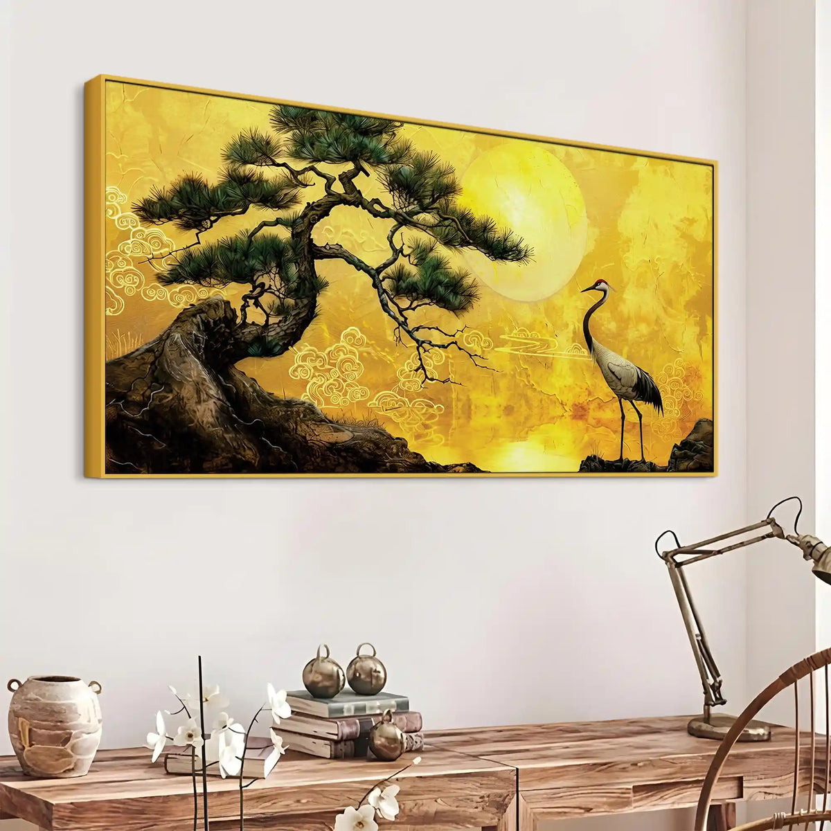 Oriental Sunrise Crane and Pine Tree Canvas Wall Painting for Home & Office