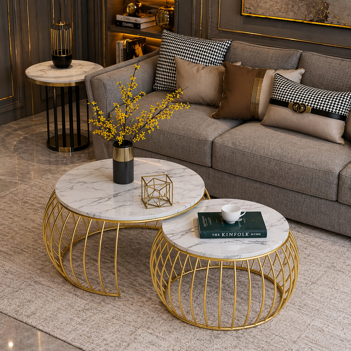 Ornate Rounded Metallic Marble Nested Coffee Table Set of 2