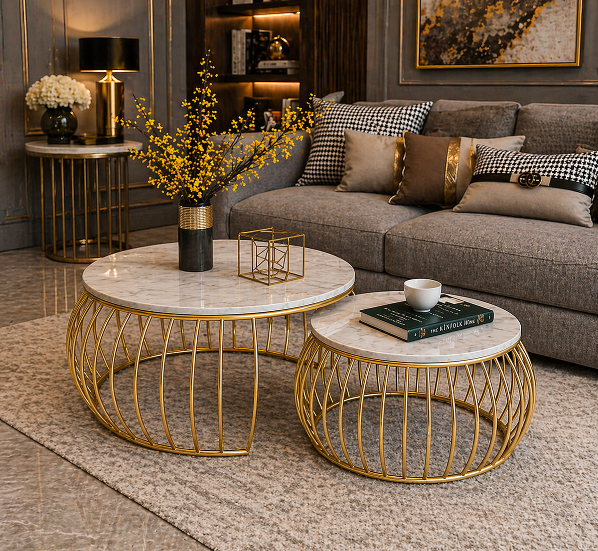 Ornate Rounded Metallic Marble Nested Coffee Table Set of 2