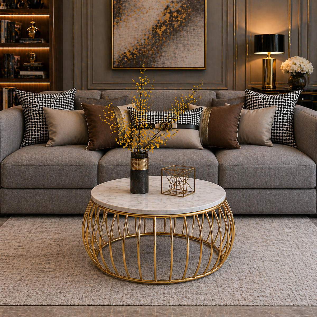 Ornate Rounded Metallic Marble Nested Coffee Table Set of 2