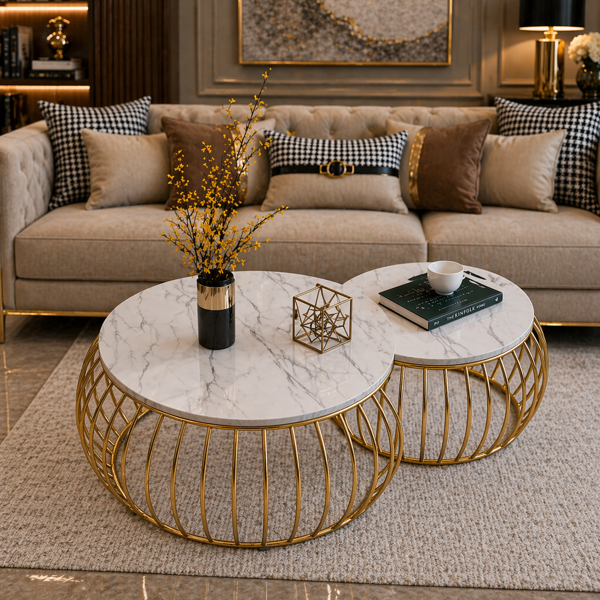 Ornate Rounded Metallic Marble Nested Coffee Table Set of 2