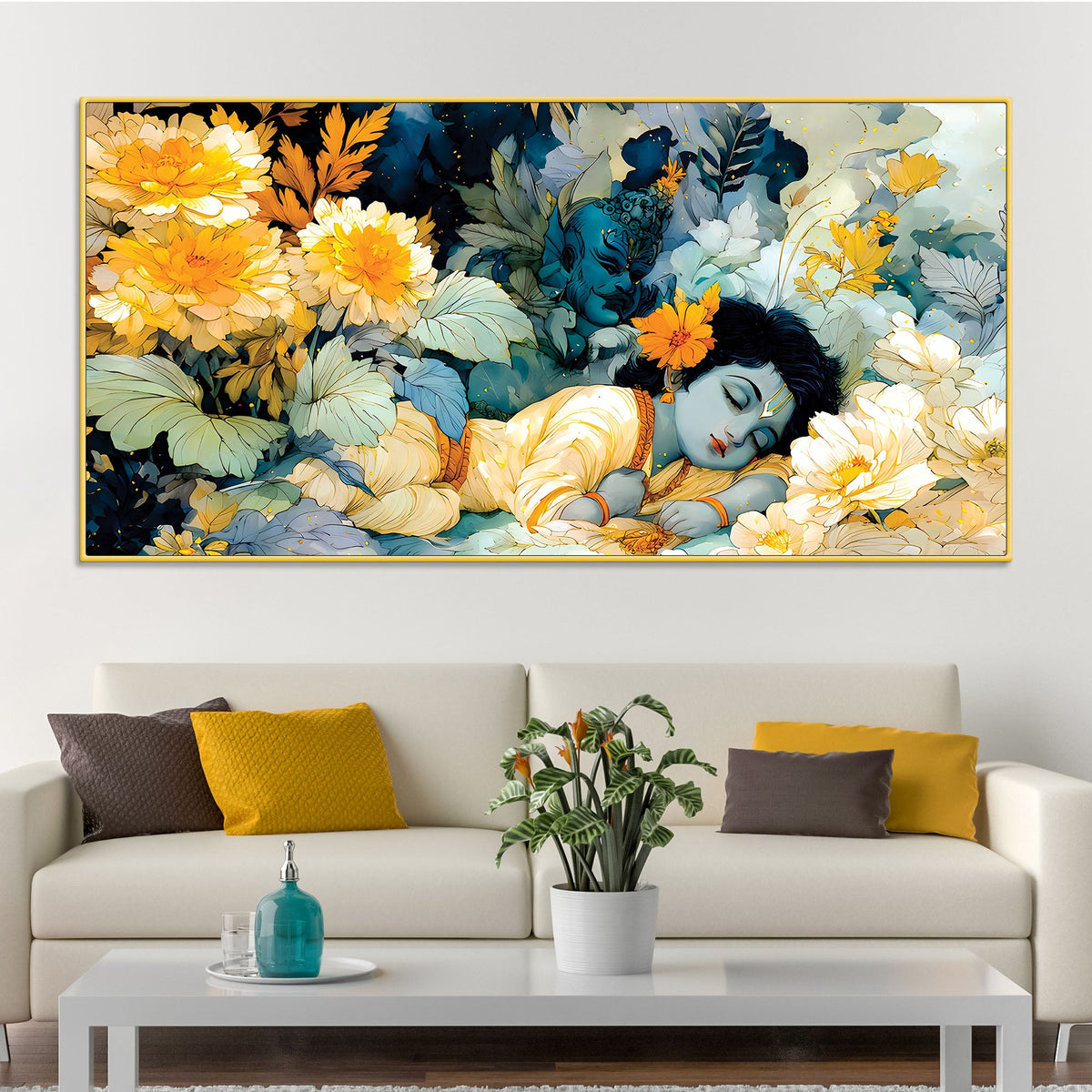 Peaceful Baby Krishna Sleeping Painting with Floral Theme