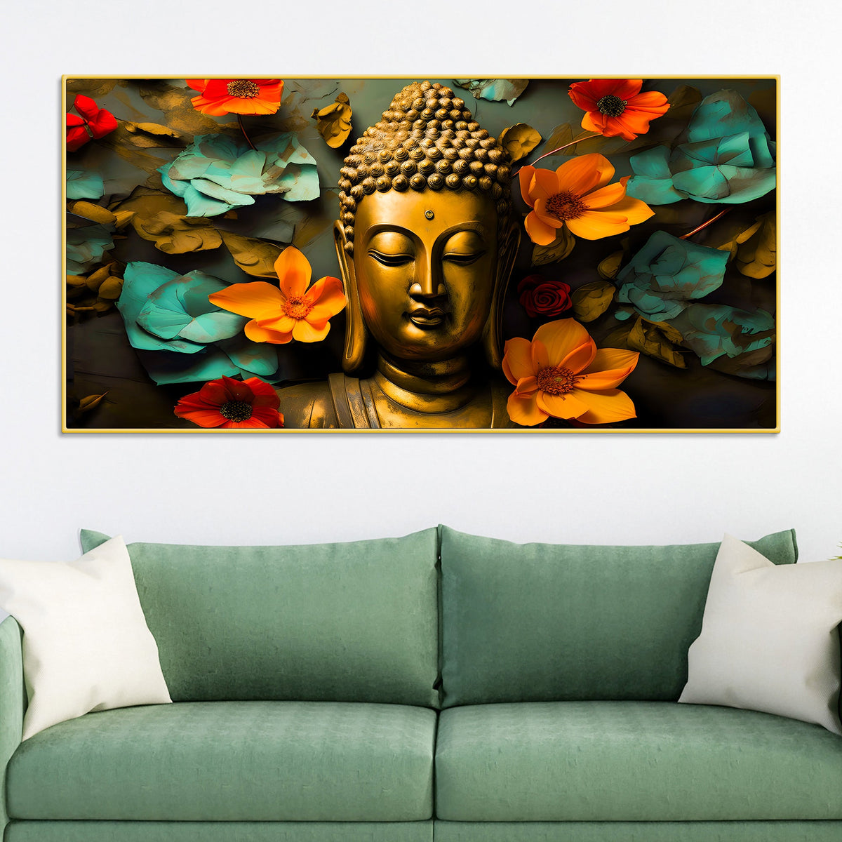 Peaceful Buddha Floral Canvas Painting for Living Room