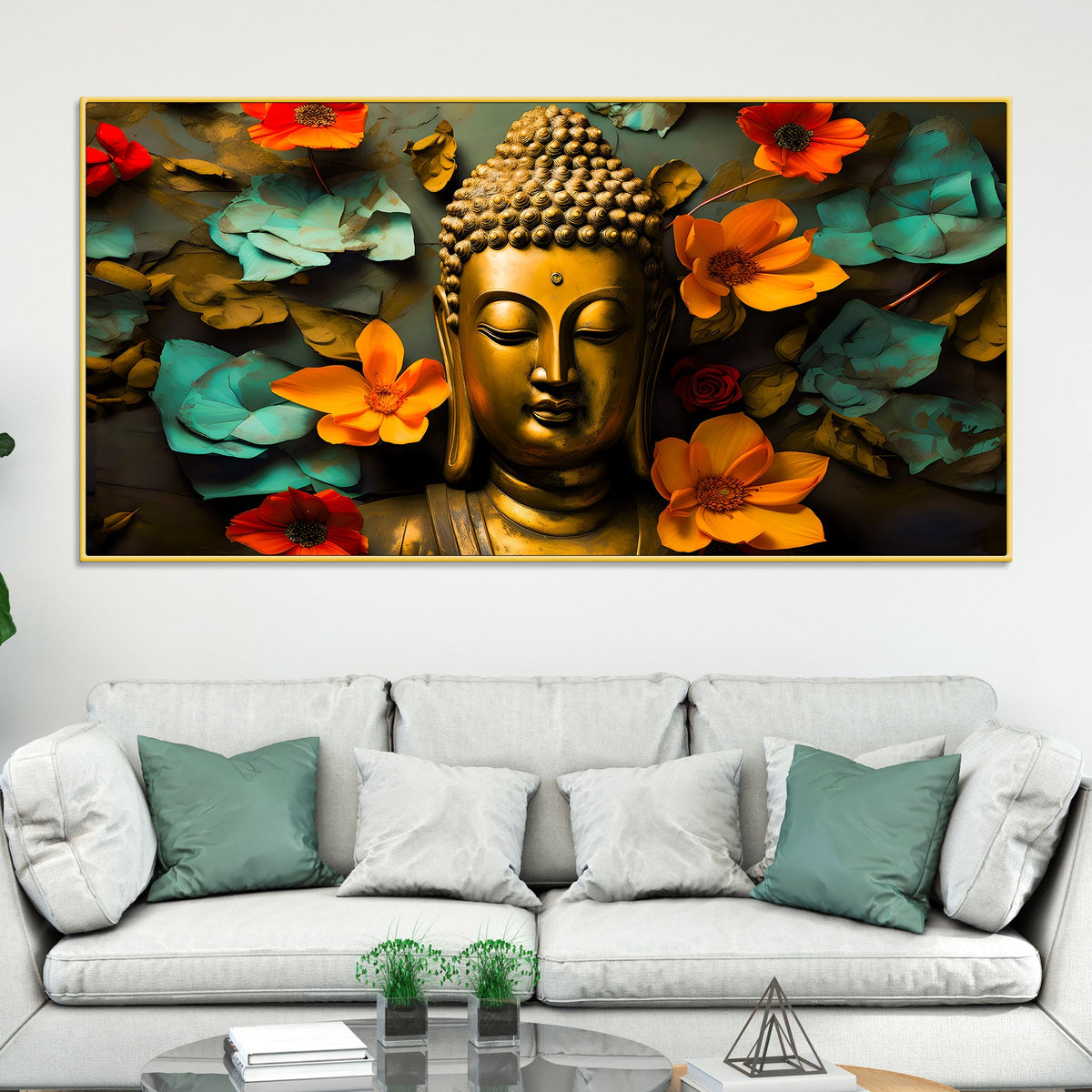 Peaceful Buddha Floral Canvas Painting for Living Room