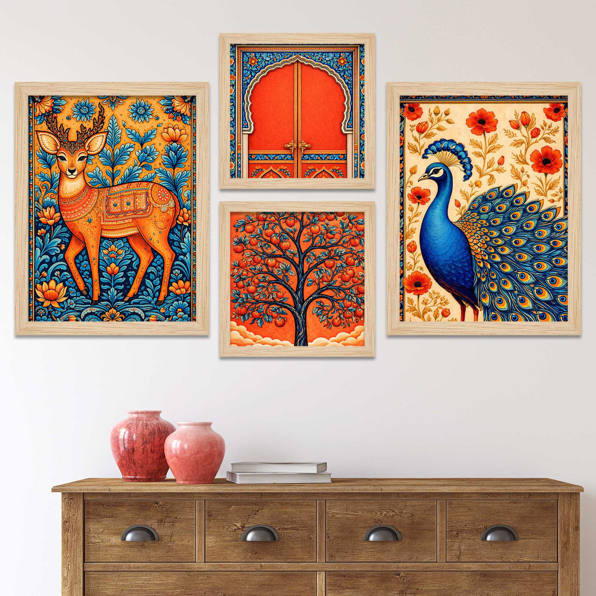 Peacock Deer Tree Indian Folk Art Wall Frame Set of Four