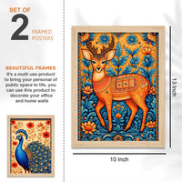 Peacock Deer Tree Indian Folk Art Wall Frame Set of Four