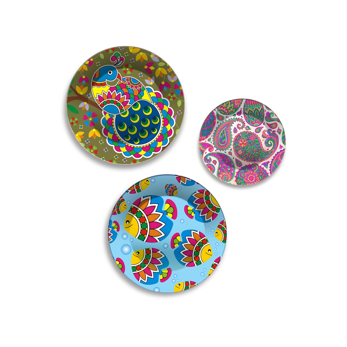 Peacock Fish & Paisley Folk Fiesta Premium Wall Plates Painting Set of 3