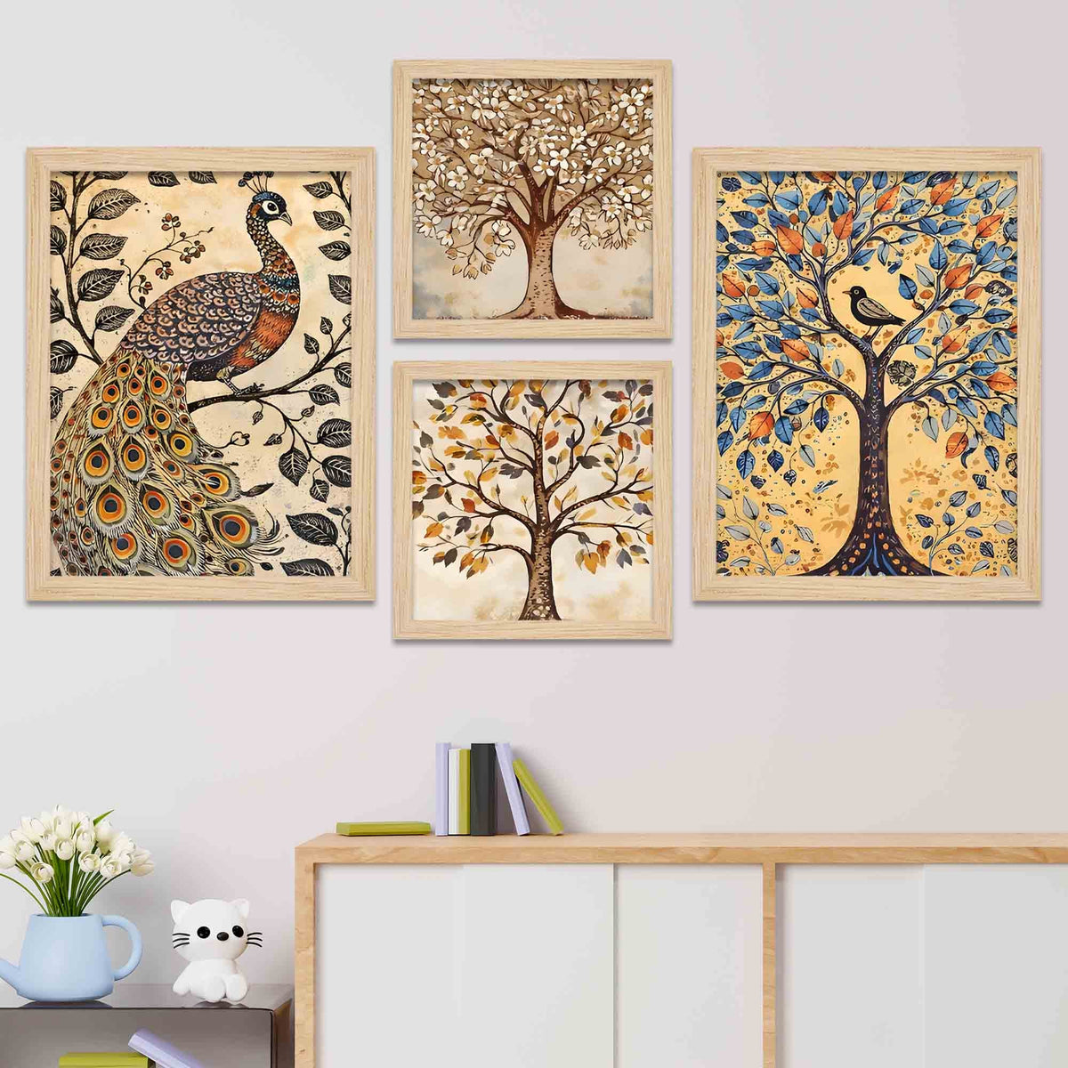 Peacock & Tree Nature Inspired Folk Art Wall Frame Set of Four