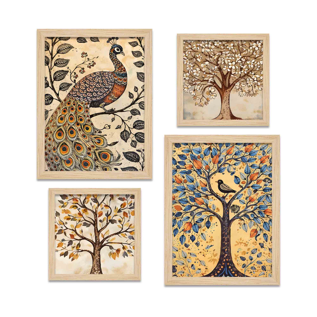 Peacock & Tree Nature Inspired Folk Art Wall Frame Set of Four