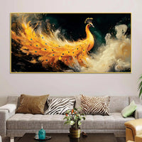Phenomenal Golden Peacock Rising Through Mist Abstract Canvas Wall Painting
