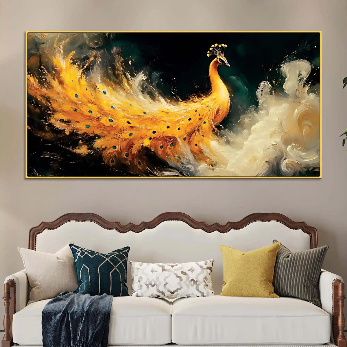 Phenomenal Golden Peacock Rising Through Mist Abstract Canvas Wall Painting
