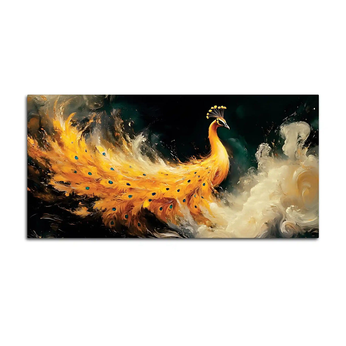 Phenomenal Golden Peacock Rising Through Mist Abstract Canvas Wall Painting
