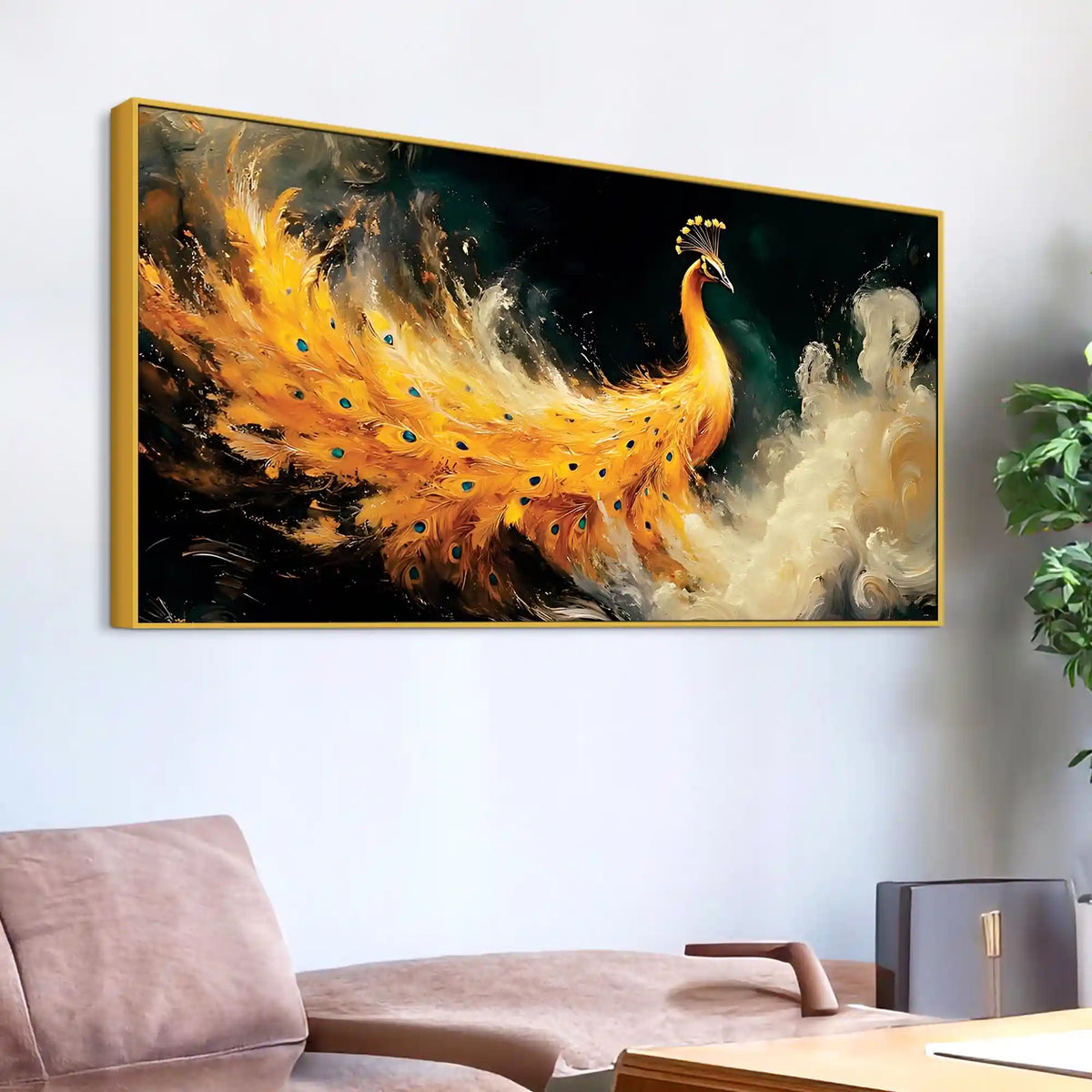 Phenomenal Golden Peacock Rising Through Mist Abstract Canvas Wall Painting