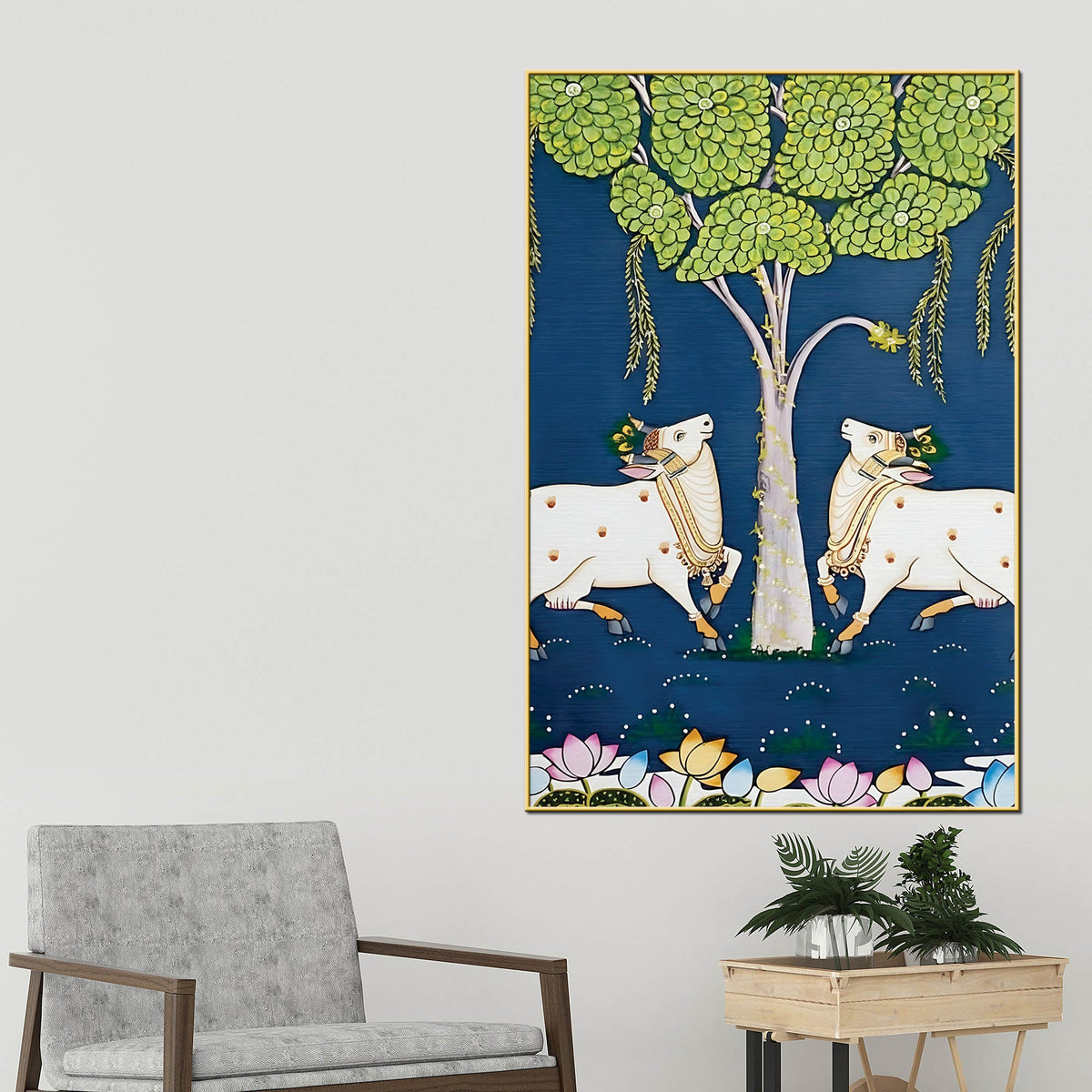 Pichwai Cow Pair Canvas Painting | Traditional Indian Wall Art Decor