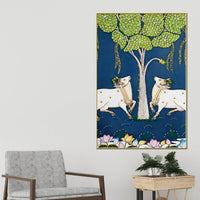 Pichwai Cow Pair Canvas Painting | Traditional Indian Wall Art Decor