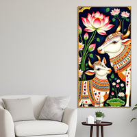Pichwai Gau Mata Cow & Calf Canvas Wall Painting | Traditional Indian Cow Painting for Home