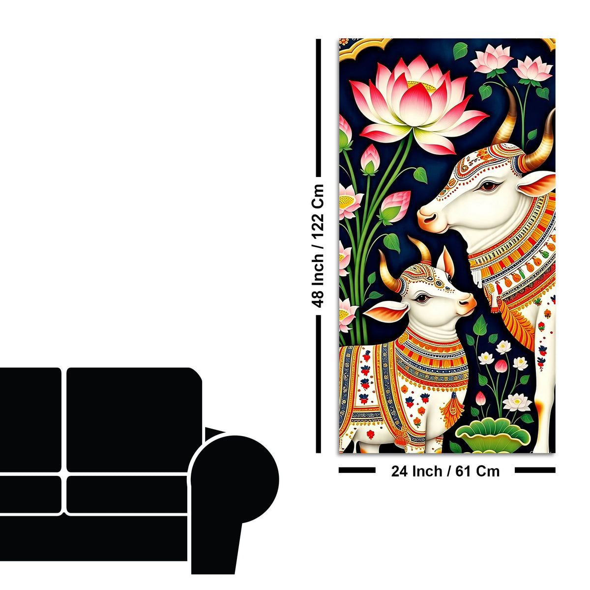 Pichwai Gau Mata Cow & Calf Canvas Wall Painting | Traditional Indian Cow Painting for Home