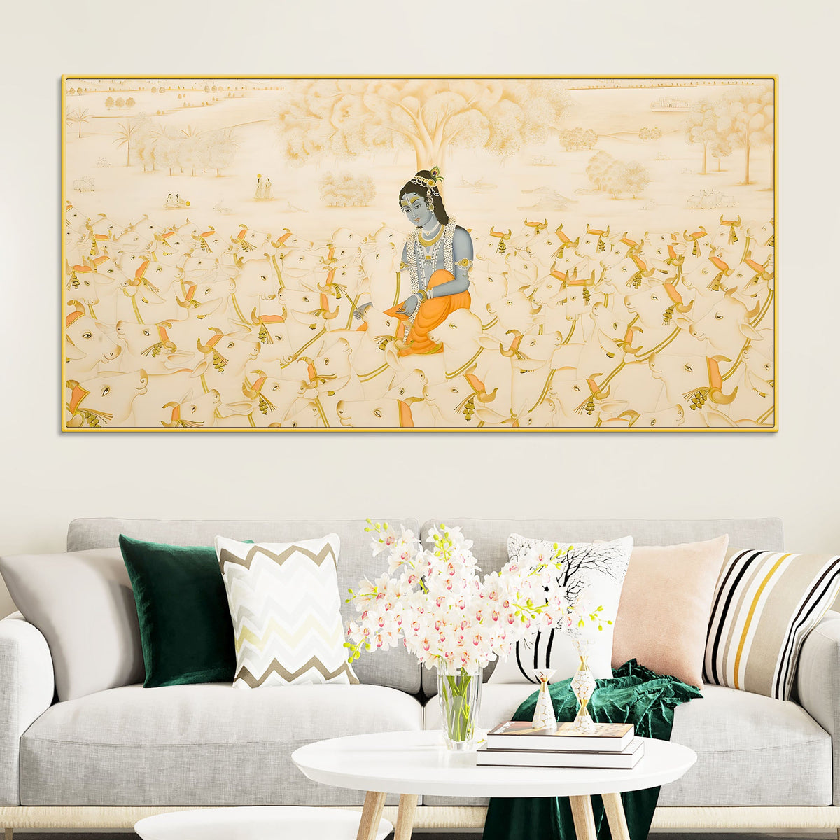 Pichwai Krishna Cow Scene Wall Painting | Luxury Spiritual Art