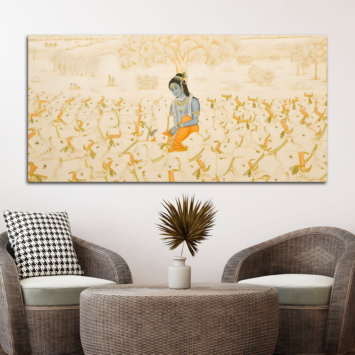 Pichwai Krishna Cow Scene Wall Painting | Luxury Spiritual Art