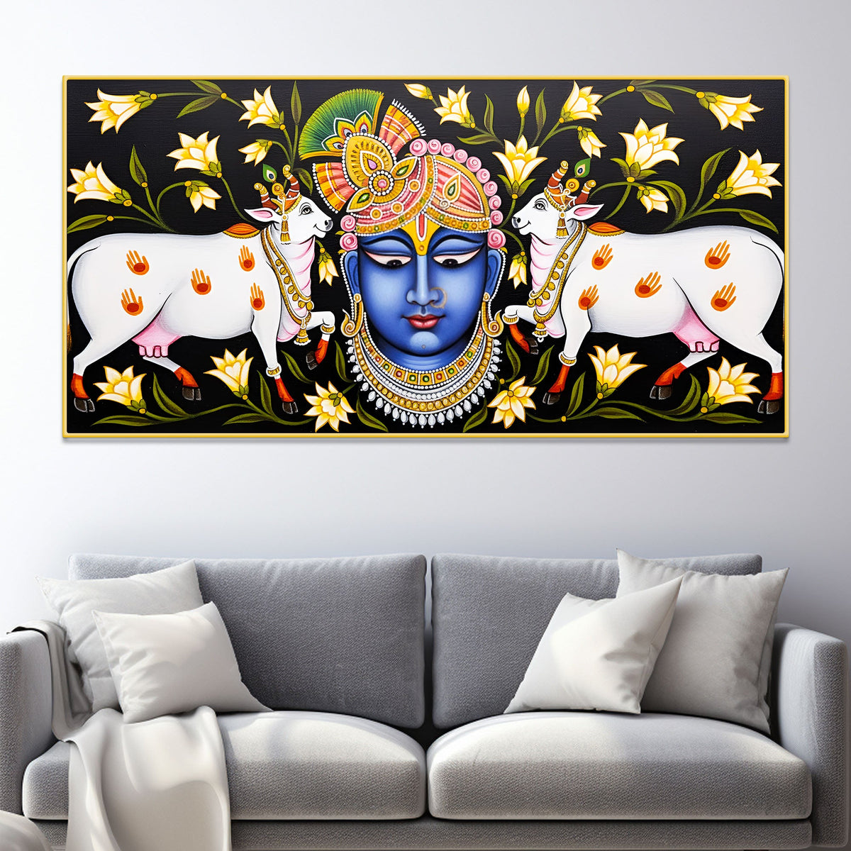 Pichwai Shrinath ji Face Painting | Sacred Cow Spiritual Wall Art