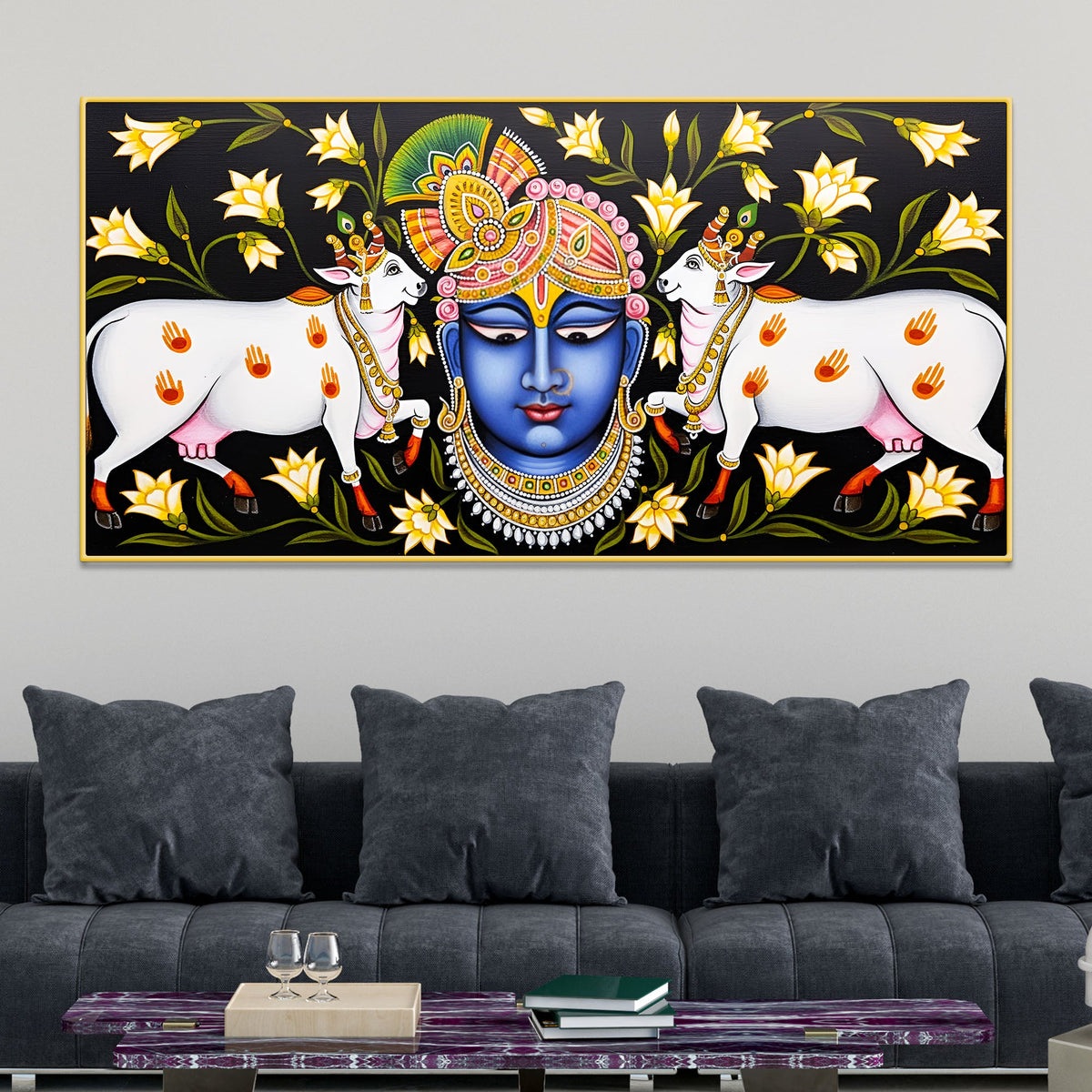 Pichwai Shrinath ji Face Painting | Sacred Cow Spiritual Wall Art