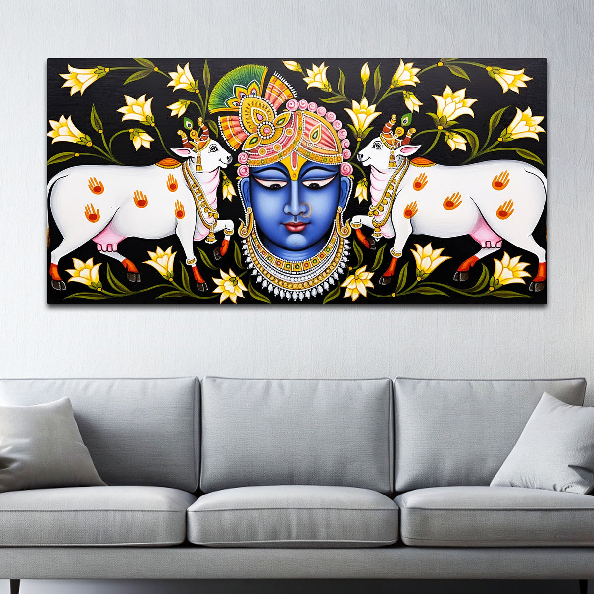 Pichwai Shrinath ji Face Painting | Sacred Cow Spiritual Wall Art