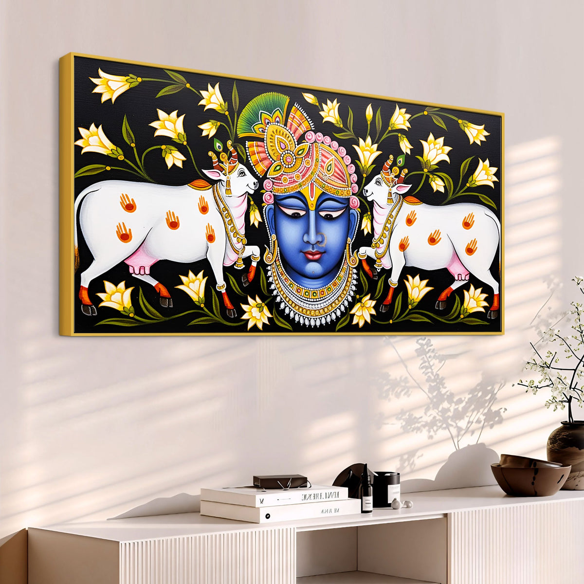 Pichwai Shrinath ji Face Painting | Sacred Cow Spiritual Wall Art