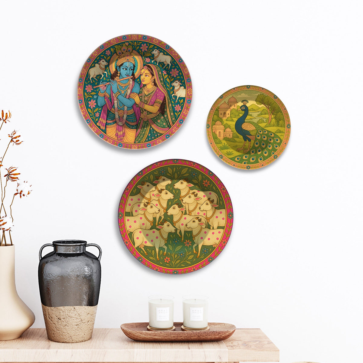 Pichwai Krishna Peacock & Cows Premium Wall Plates Painting Set of 3