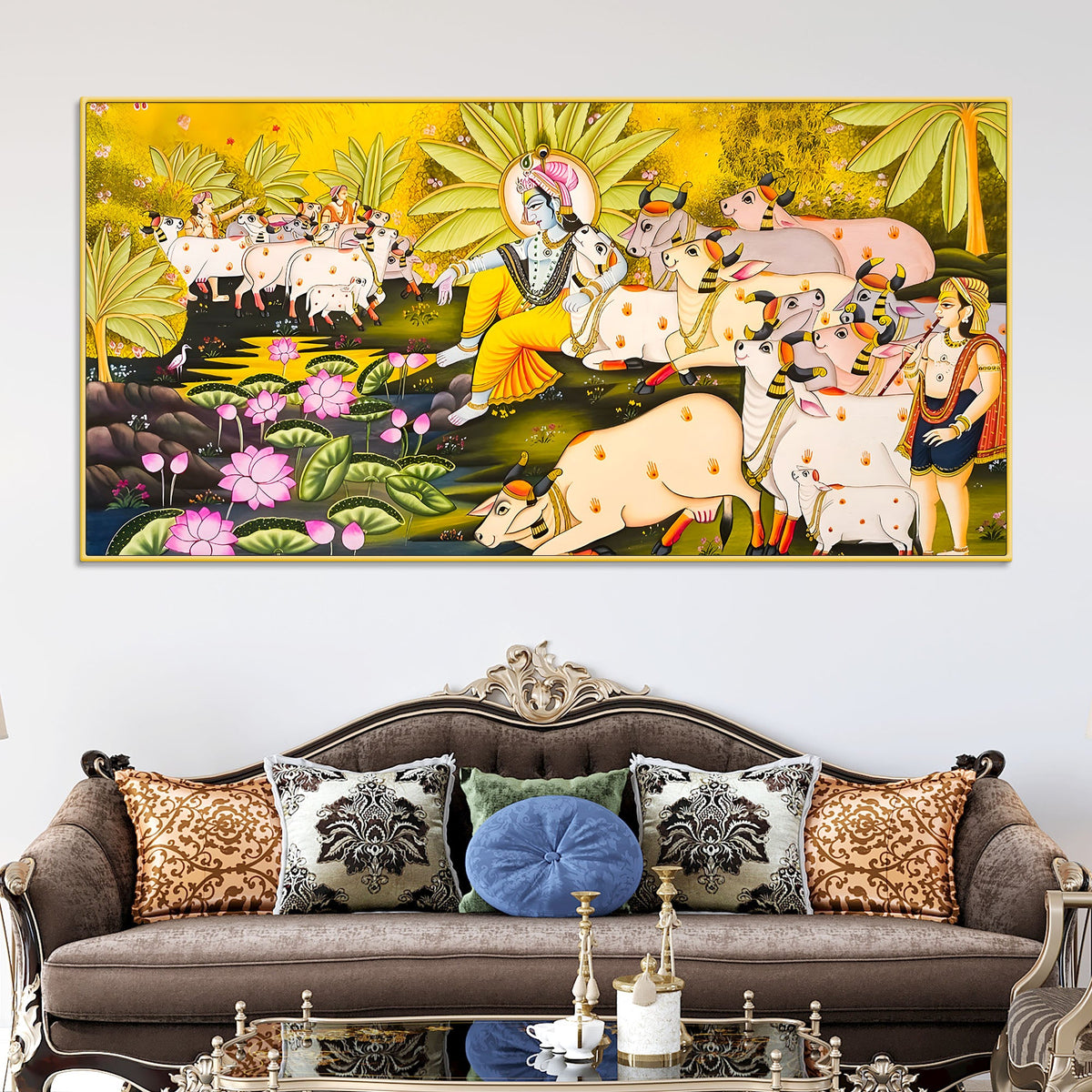 Pichwai Krishna with Sacred Cows Canvas Painting | Traditional Indian Wall Art