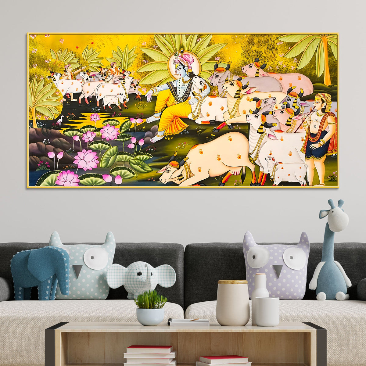Pichwai Krishna with Sacred Cows Canvas Painting | Traditional Indian Wall Art