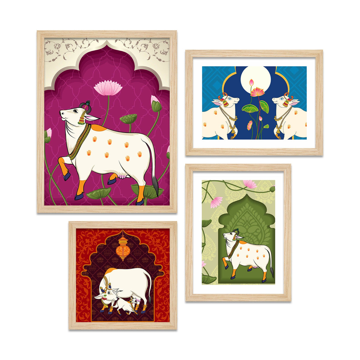 Pichwai Sacred Kamdhenu Cow Wall Frame Set of Four