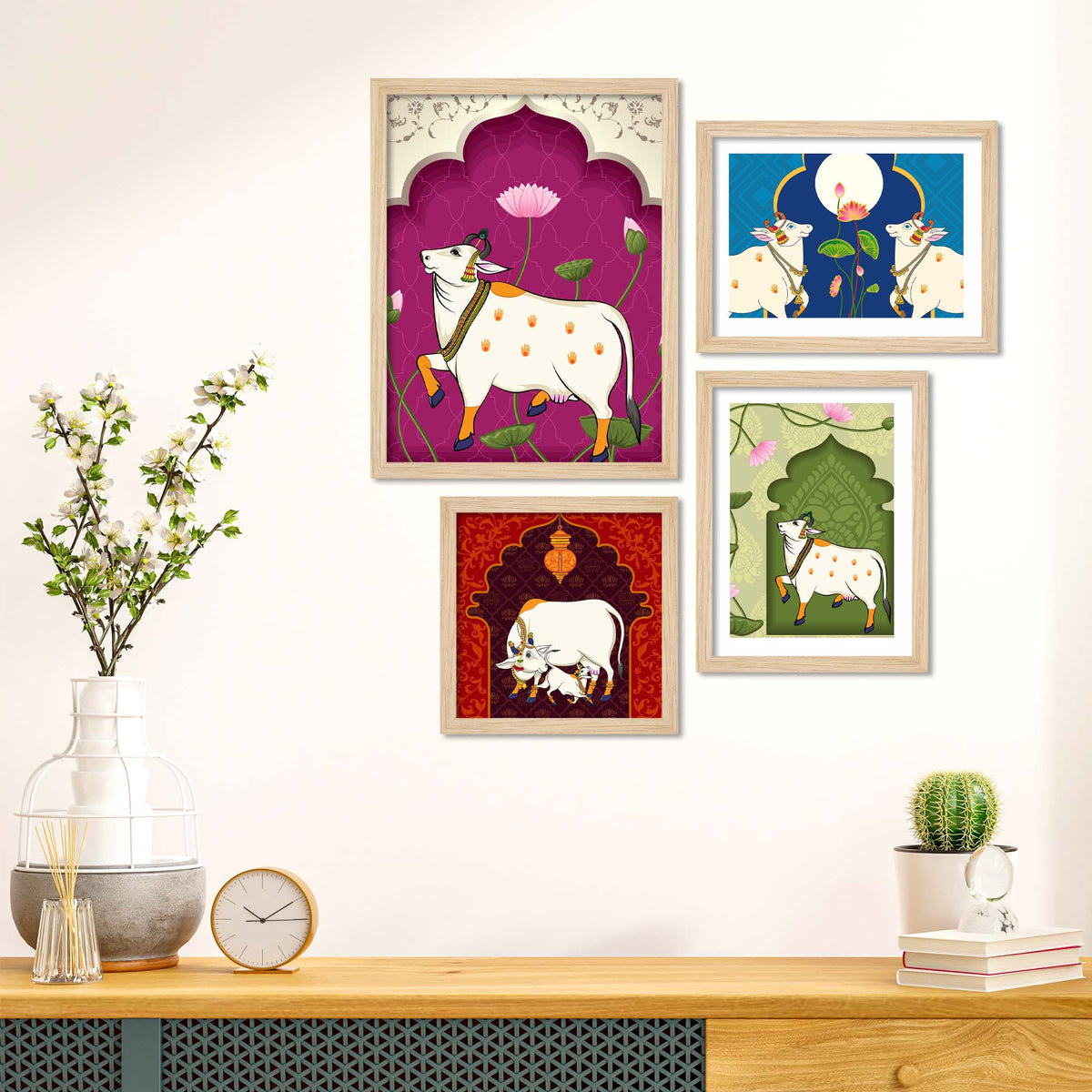 Pichwai Sacred Kamdhenu Cow Wall Frame Set of Four