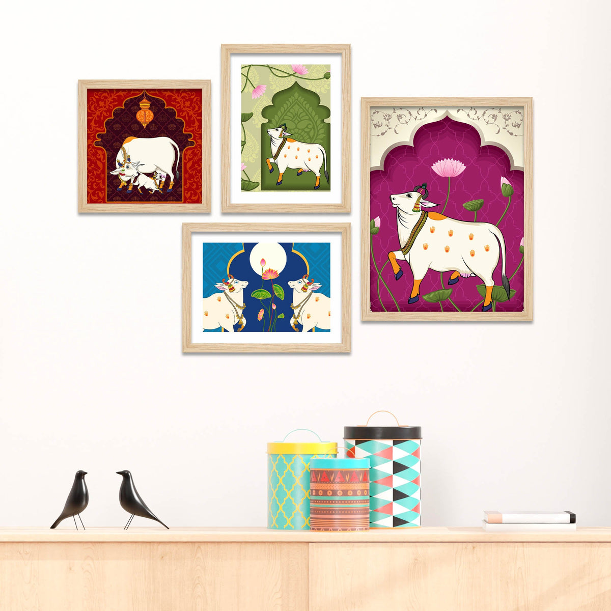 Pichwai Sacred Kamdhenu Cow Wall Frame Set of Four