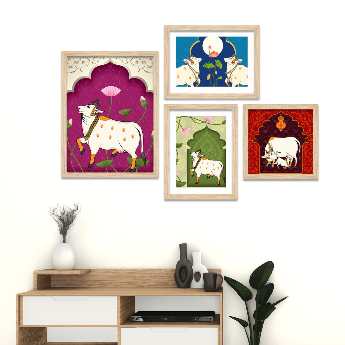 Pichwai Sacred Kamdhenu Cow Wall Frame Set of Four