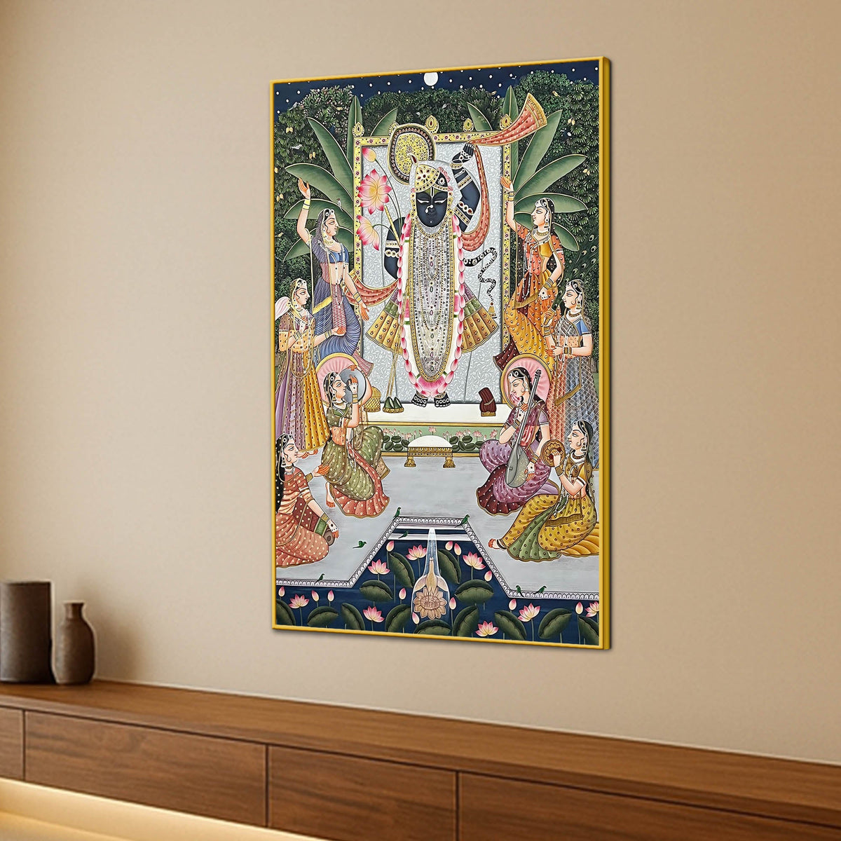 Pichwai Style Shrinathji Krishna Artwork Religious Canvas Wall Painting for Home